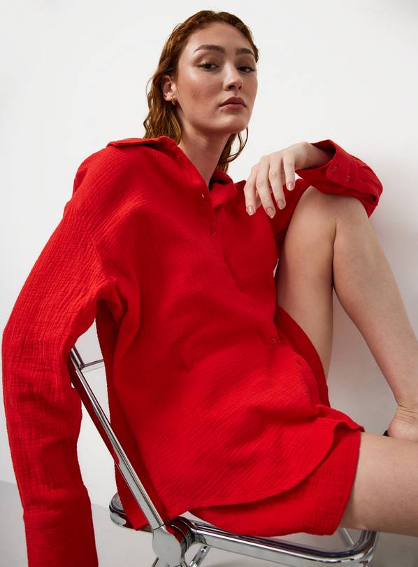 Bright Red Double Cloth Long Sleeve Shirt 24
